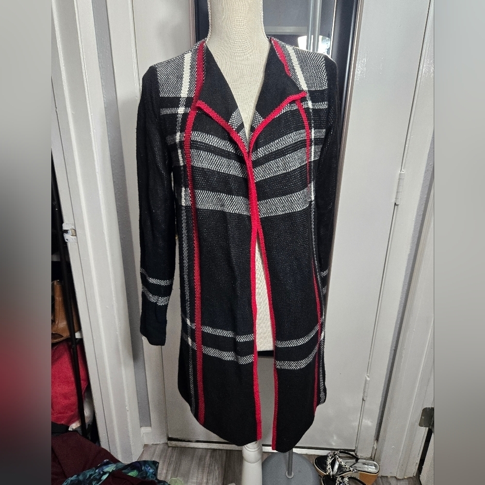 Charter Club Plaid Open Front Cardigan Deep Black Combo Sz Small - Picture 3 of 8
